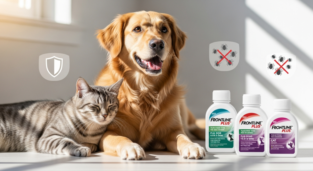 Frontline Plus flea and tick treatment bottle with application applicator on white background