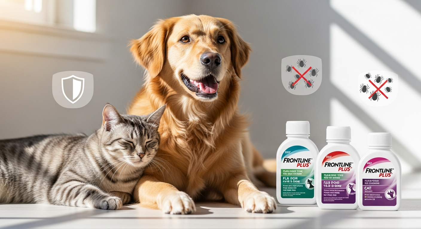 Frontline Plus flea and tick treatment bottle with application applicator on white background