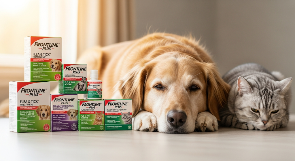 Frontline Plus flea and tick treatment bottle displayed with orange packaging for small dogs