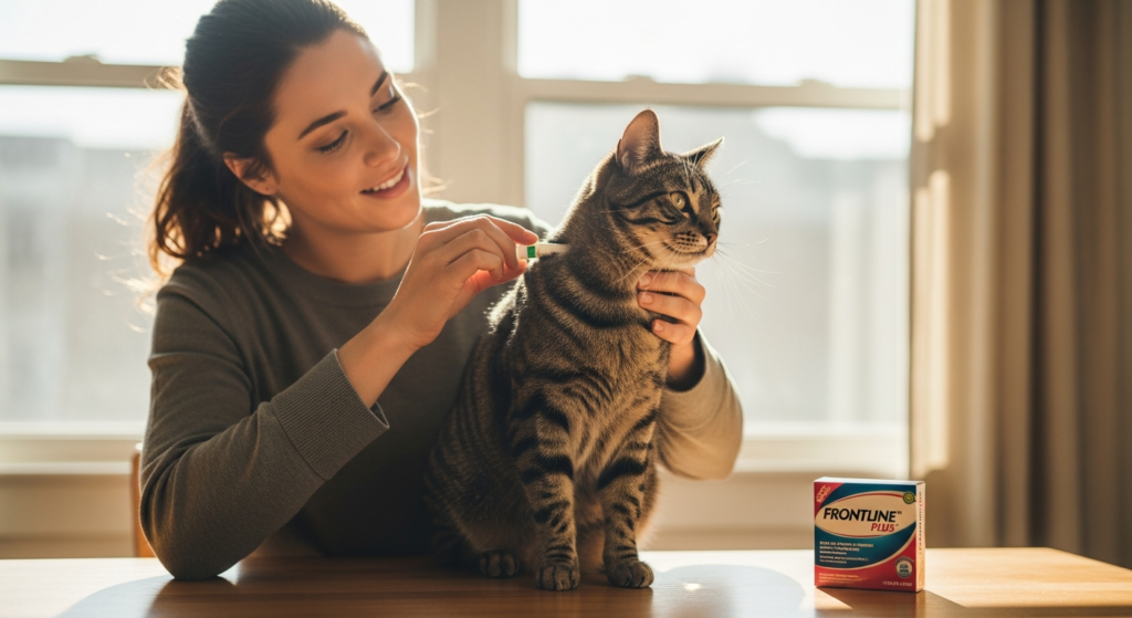 A cat owner applying Frontline Plus topical flea treatment between a cat's shoulder blades