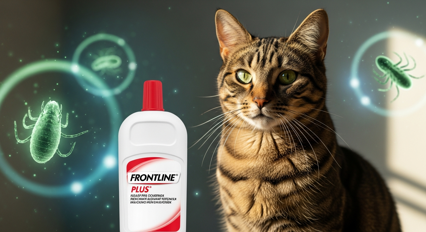 Close-up of Frontline Plus flea tick treatment bottle with applicator for cats