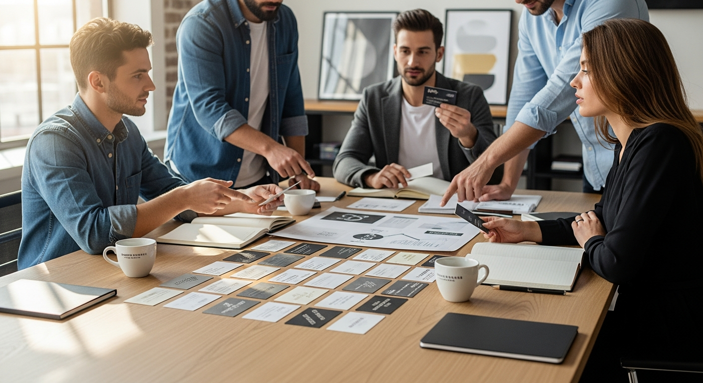 Custom business cards displayed with premium materials and finishes for agency branding