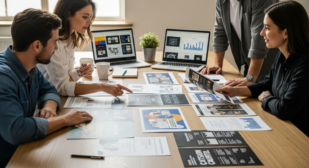 Professional custom printed flyers and brochures displayed on desk for agency marketing campaigns