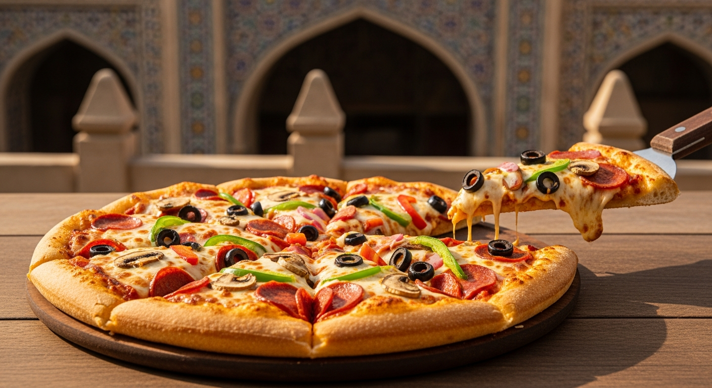 Creamy Super Max Pizza with spicy chicken, mushrooms, and jalapeños on melted mozzarella cheese