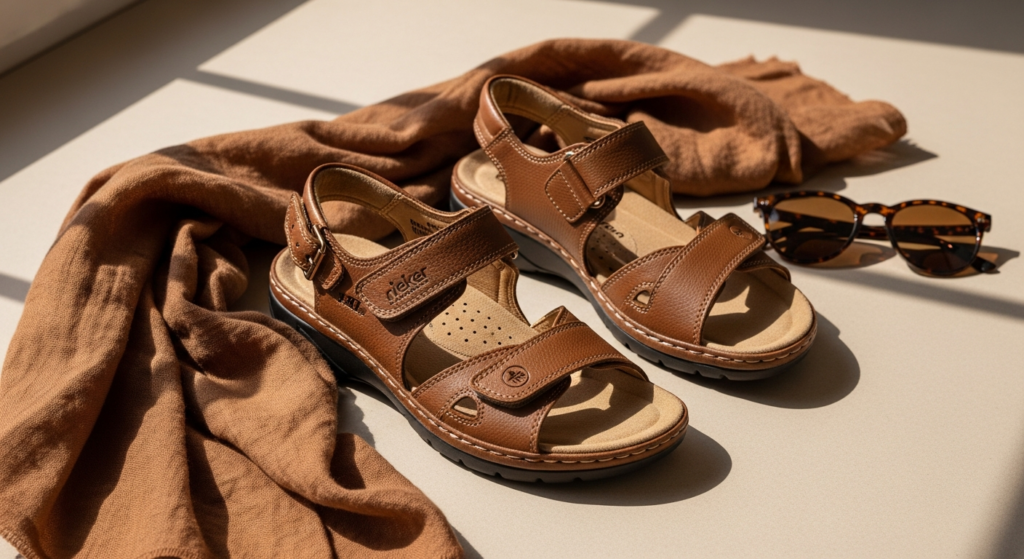 Brown Rieker Women's Antistress Velcro Sandals V2860-24 displayed on neutral background showing comfort design