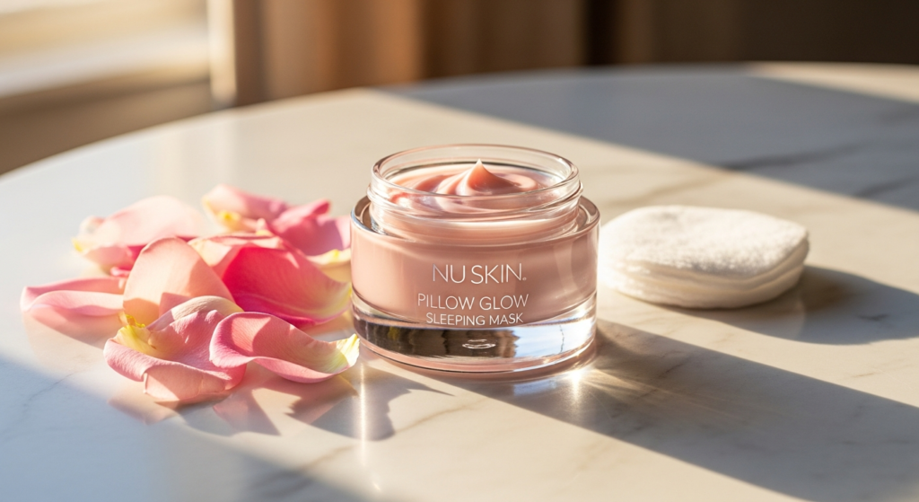 Nu Skin Pillow Glow Sleeping Mask jar displayed with dewy, hydrated skin texture background