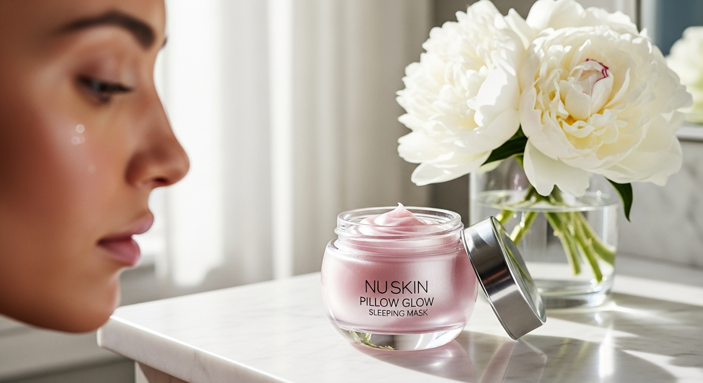 Nu Skin Pillow Glow Sleeping Mask jar displayed with botanical ingredients and deep-sea water elements