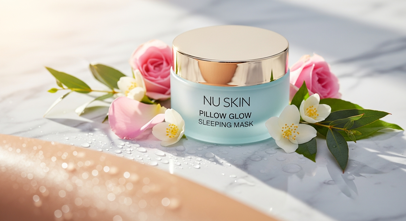 Nu Skin Pillow Glow Sleeping Mask jar displayed on a white surface with skincare ingredients