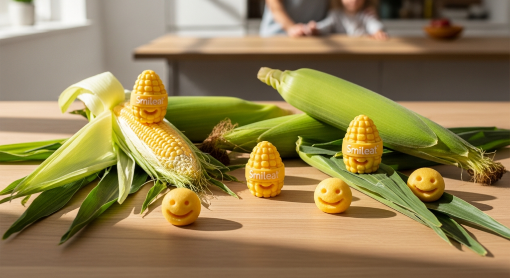 Smileat Organic Corn Smailitos baby snacks in colorful packaging displayed with fresh corn and olive oil ingredients
