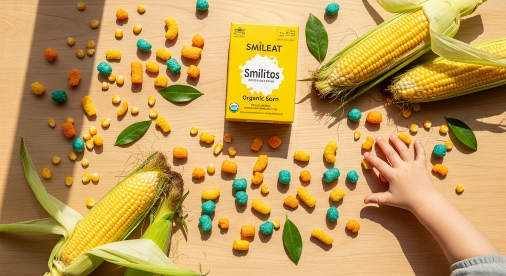 Smileat Smilitos organic corn puffs in a white bowl with fresh corn and olive oil ingredients
