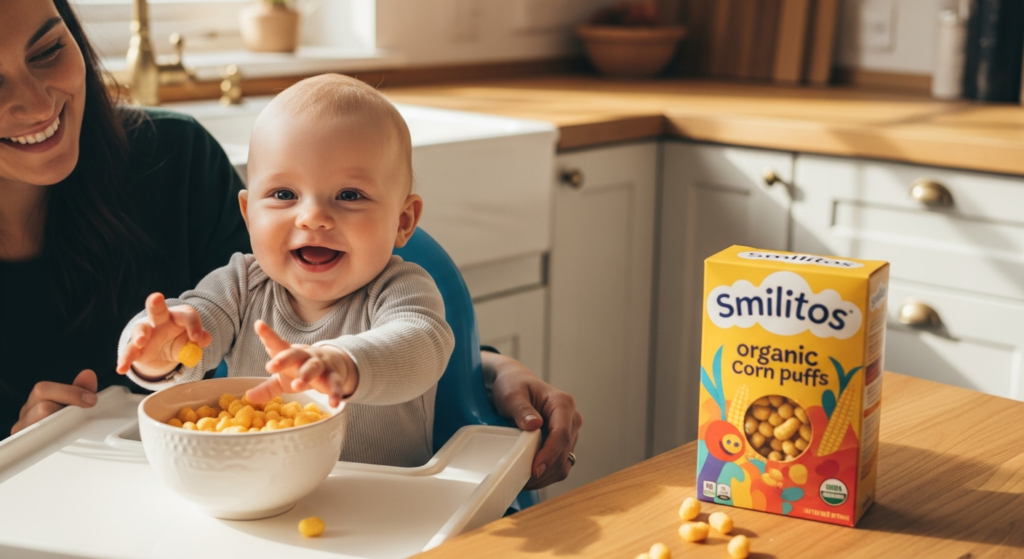 Smilitos organic corn puffs in a bowl with fresh corn and olive oil ingredients displayed