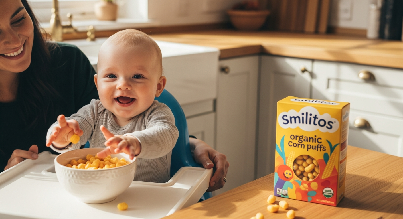 Smilitos organic corn puffs in a bowl with fresh corn and olive oil ingredients displayed