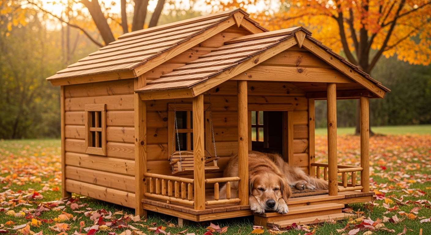 Insulated wooden dog house with veranda and gable roof design for year-round pet shelter