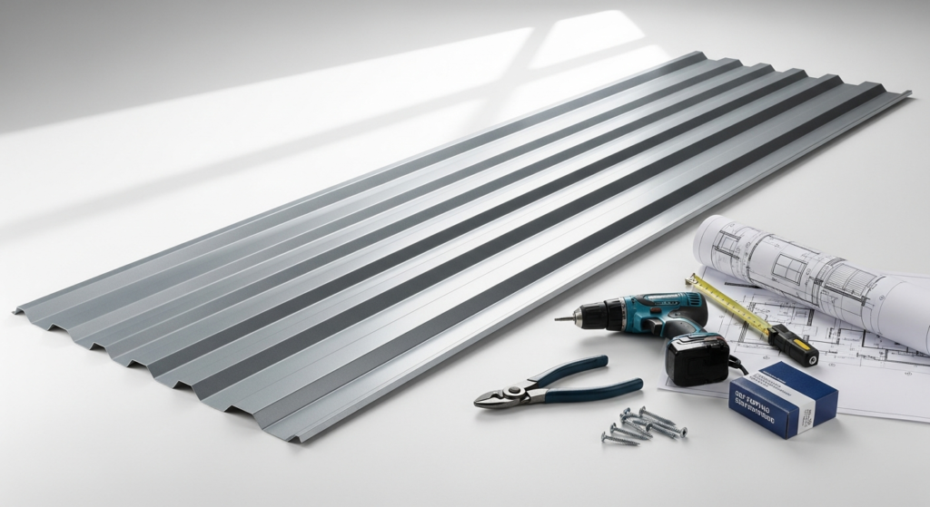 Schwedenbleche Trapezblech PTP2004440 Graualuminium metal roofing sheets stacked for industrial installation project