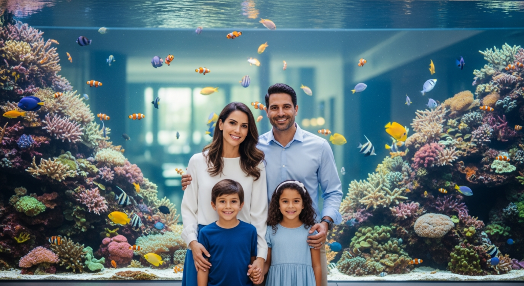 Colorful underwater tunnel with sharks and rays swimming overhead at aquarium