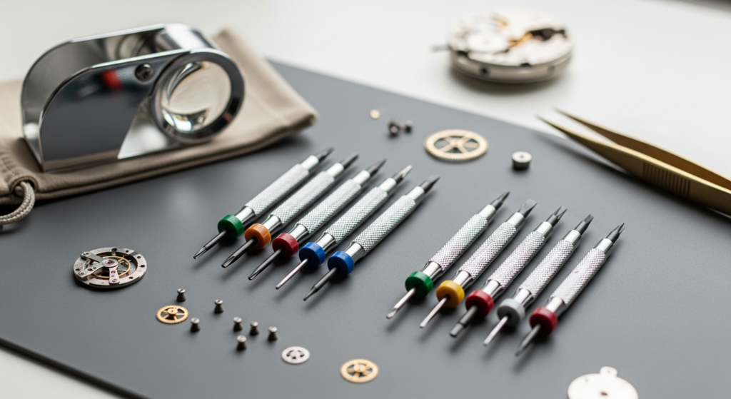 Selva Technik 10-Piece Watchmaker Screwdriver Set with protective case and precision tools displayed