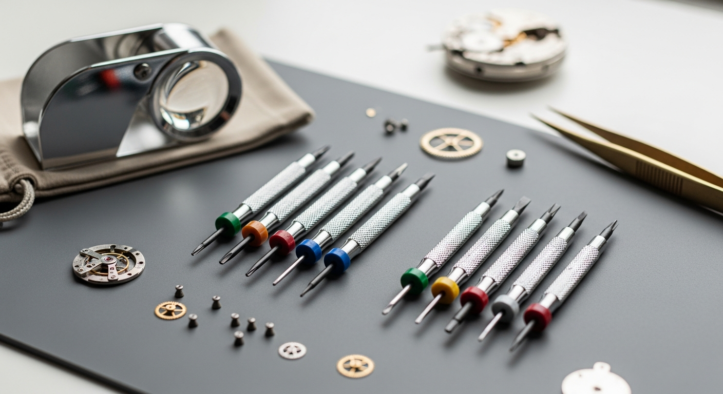 Selva Technik 10-Piece Watchmaker Screwdriver Set with protective case and precision tools displayed