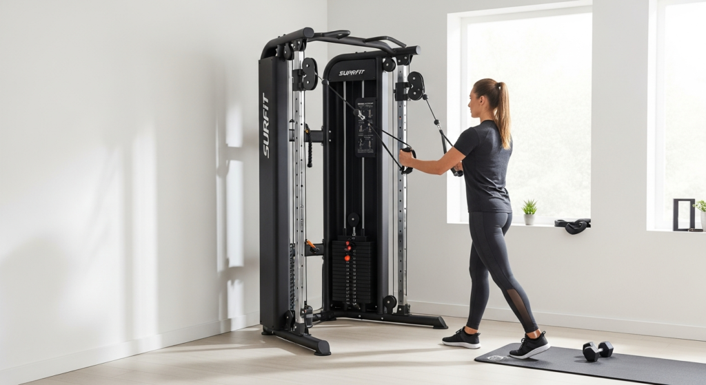 Suprfit Hallador Cable Pull Tower Basement Edition in compact home gym with low ceiling setup