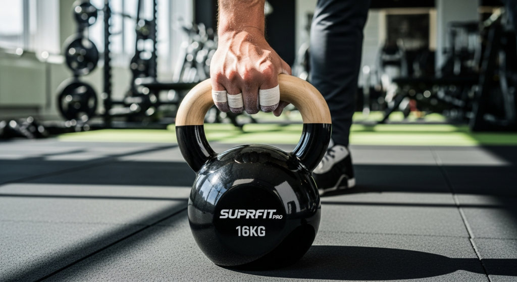 Suprfit Pro Competition Kettlebell with brushed stainless steel handle and color-coded weight system displayed