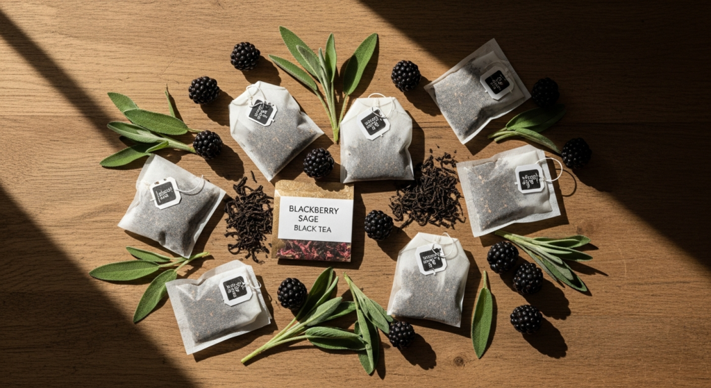 Blackberry Sage Black Tea Bags from The Republic of Tea with fresh blackberries and sage leaves