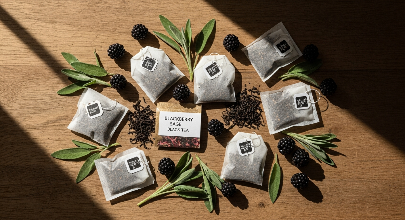 Blackberry Sage Black Tea Bags from The Republic of Tea with fresh blackberries and sage leaves