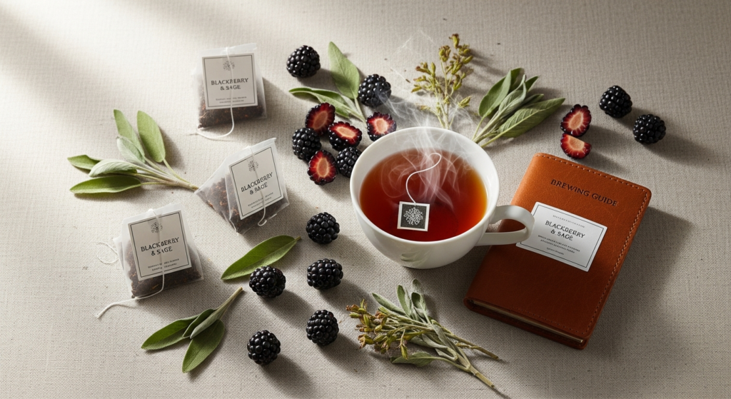 Blackberry sage black tea bags steeping in a ceramic cup with fresh berries and sage leaves