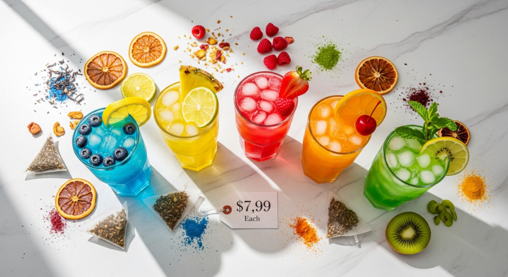 Colorful loaded tea powder packets and bundles displayed with vibrant tropical and candy-inspired flavors