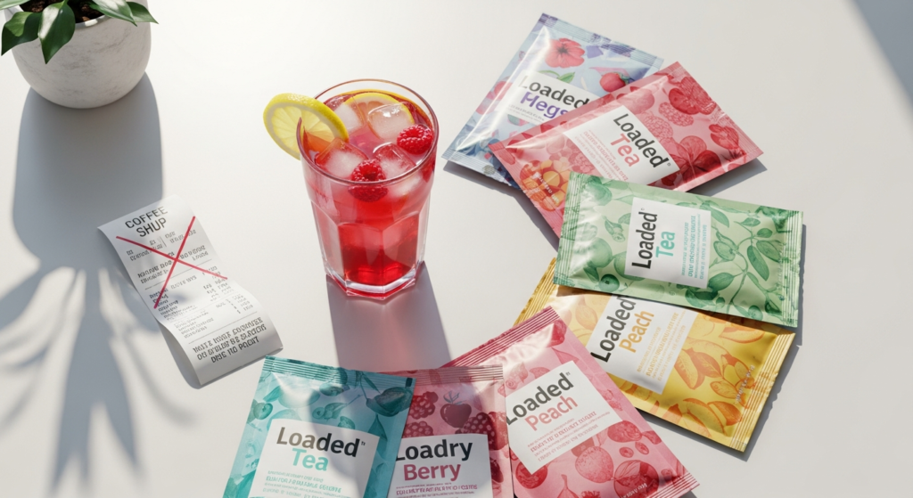 Colorful loaded tea powder mix packets arranged with a glass of prepared energy drink beverage