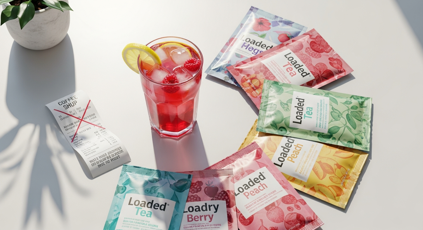 Colorful loaded tea powder mix packets arranged with a glass of prepared energy drink beverage