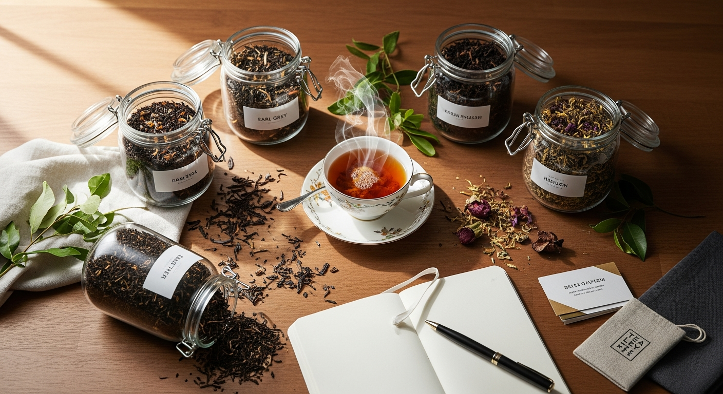 Tea shop owner reviewing affiliate program metrics on computer dashboard