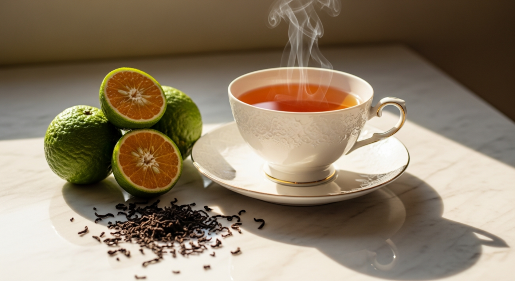 Steaming cup of classic Earl Grey black tea blend with bergamot citrus aroma and elegant presentation
