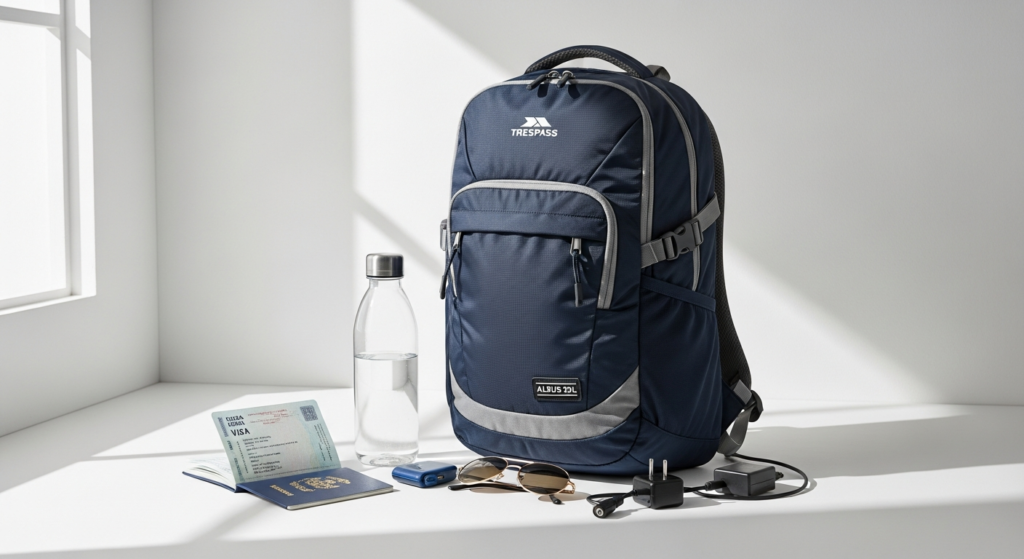 Trespass Albus 30L Rucksack Backpack displayed with organized compartments and padded straps