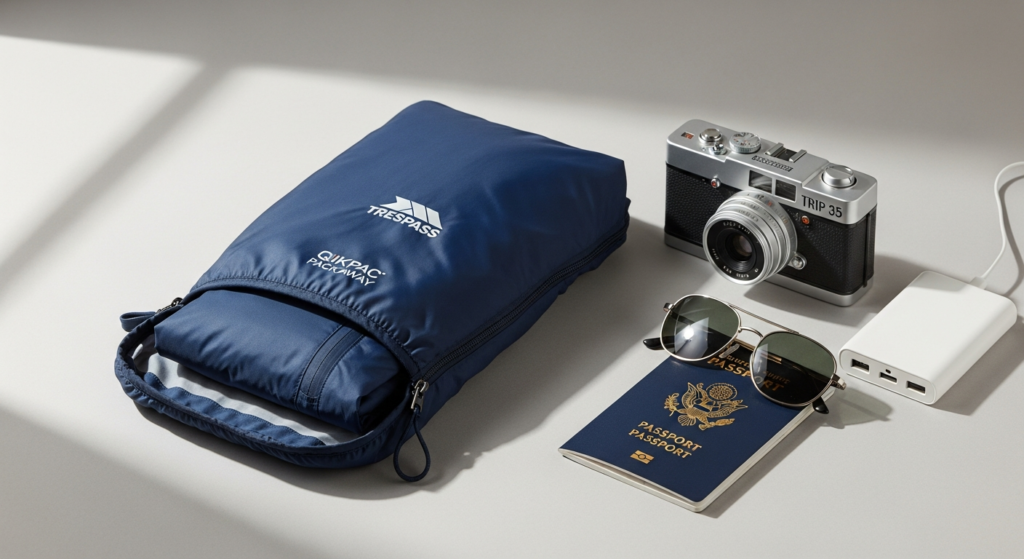 Trespass Qikpac Packaway Waterproof Jacket packed into its integrated pouch for compact travel storage