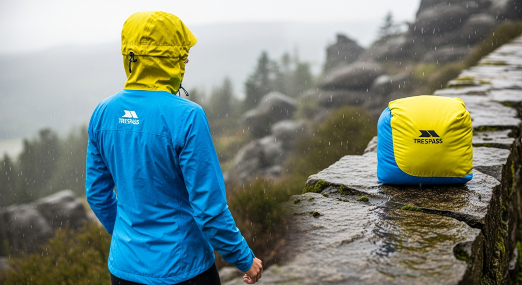 Trespass Waterproof Packaway Jacket displayed in compact stuff-sack form next to expanded jacket