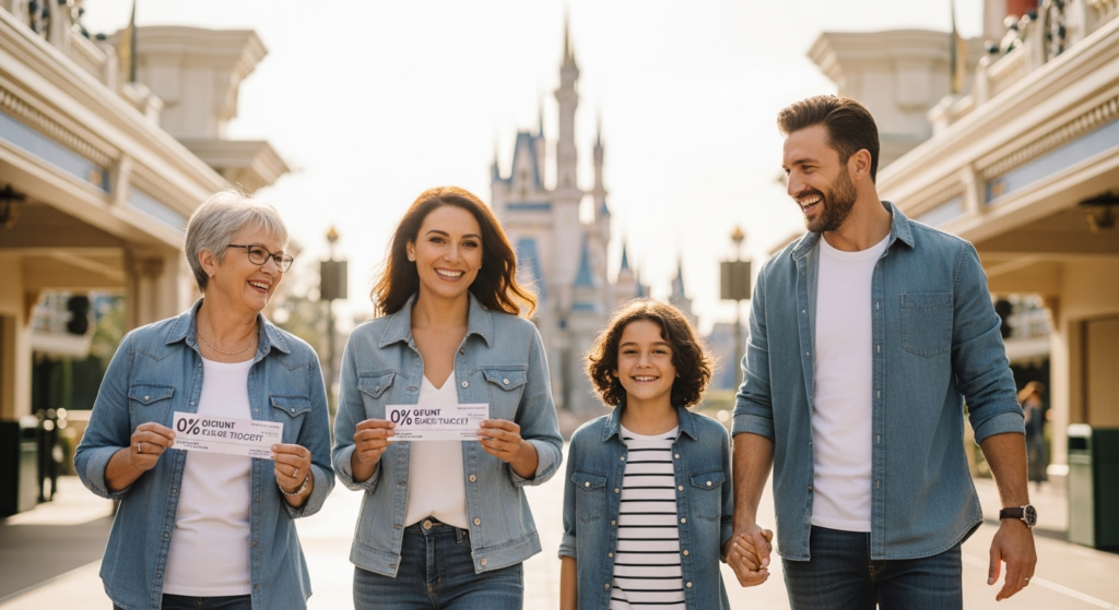 Family enjoying discounted Walt Disney World tickets at Magic Kingdom entrance gate