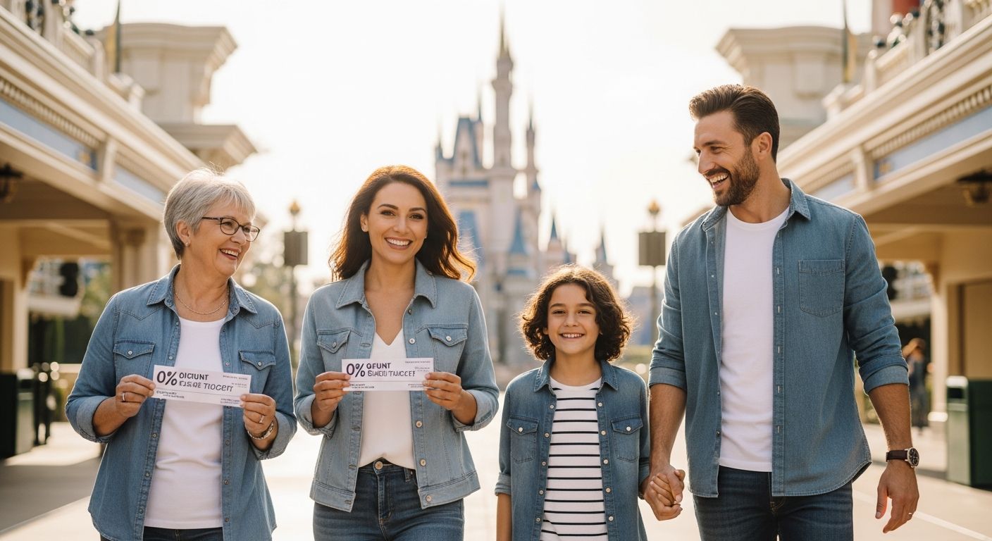 Family enjoying discounted Walt Disney World tickets at Magic Kingdom entrance gate