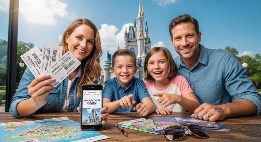 Family entering Magic Kingdom at Walt Disney World with castle in background during daytime