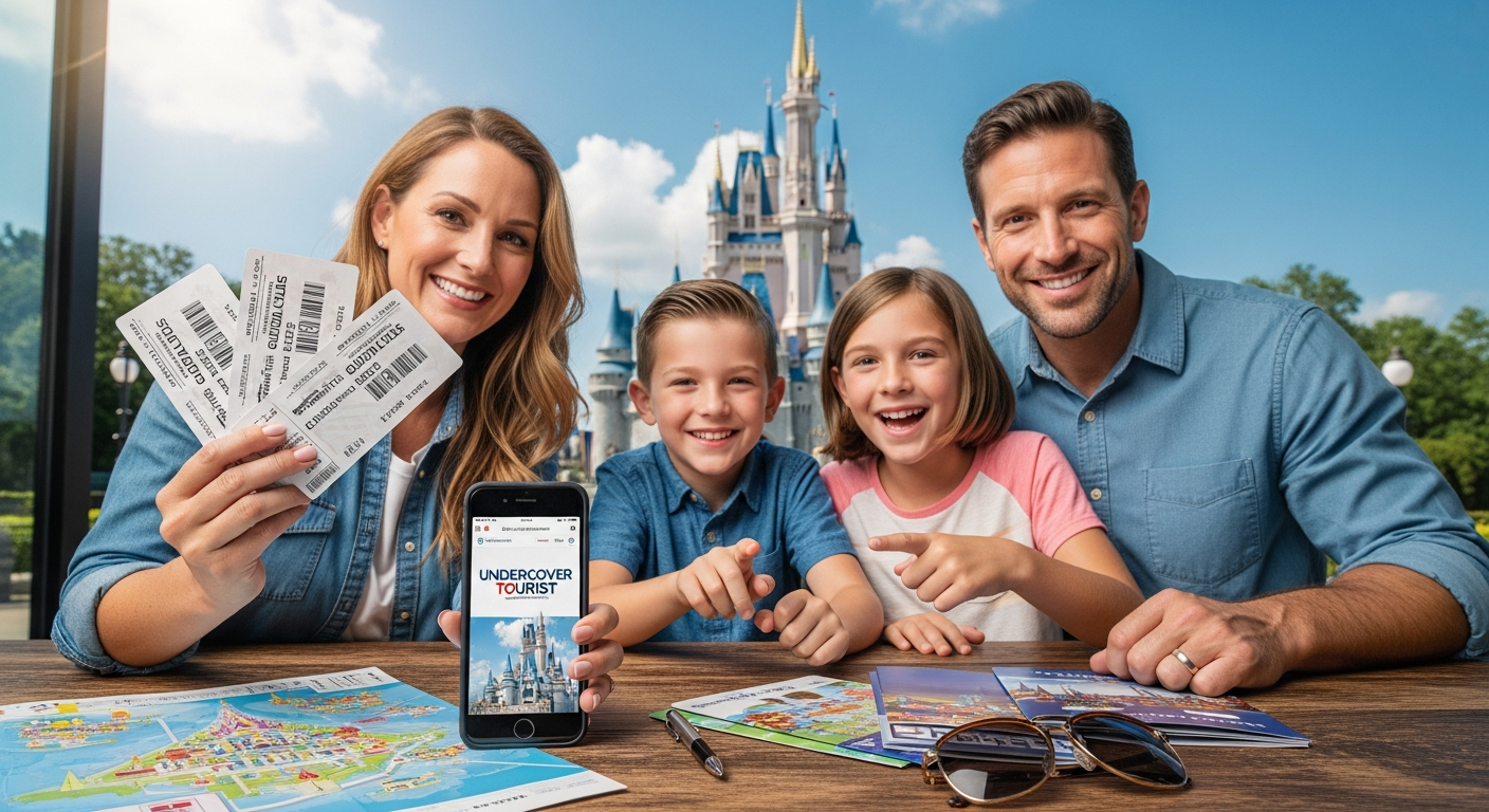 Family entering Magic Kingdom at Walt Disney World with castle in background during daytime