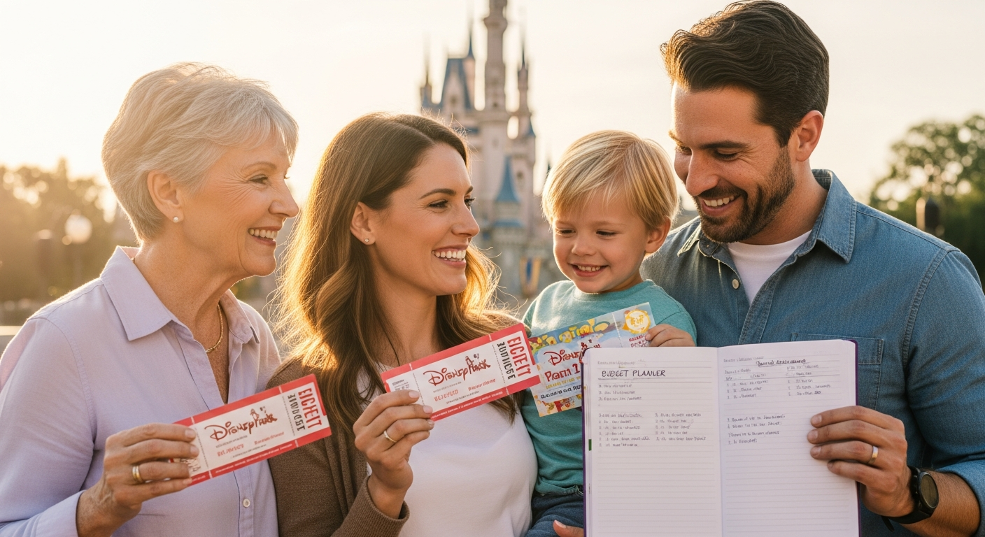 Family of four holding discounted Walt Disney World tickets at Magic Kingdom entrance gate