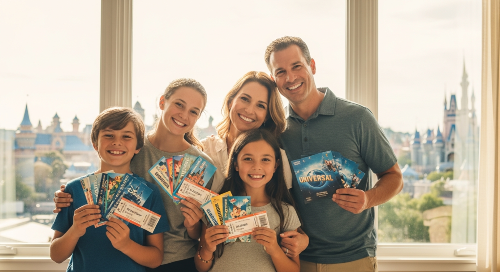 Colorful theme park entrance with castle and roller coaster attractions visible