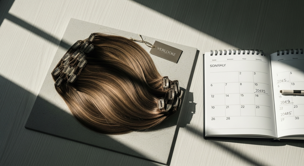 Verlocke Premium Clip-In Hair Extensions displayed showing Remy human hair quality and natural color blending options