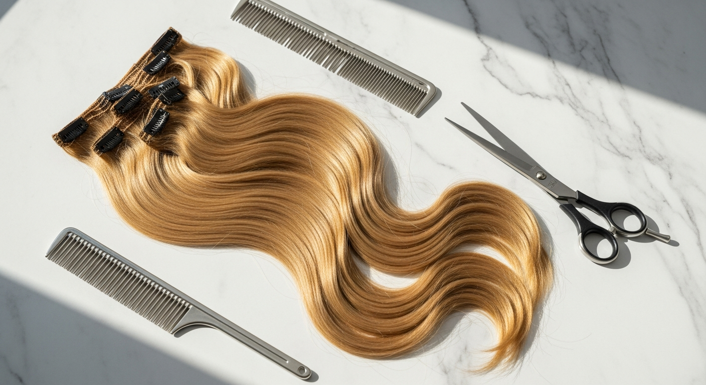 Professional stylist applying Verlocke Premium Clip-In Human Hair Extensions to client with natural dark hair for seamless blending