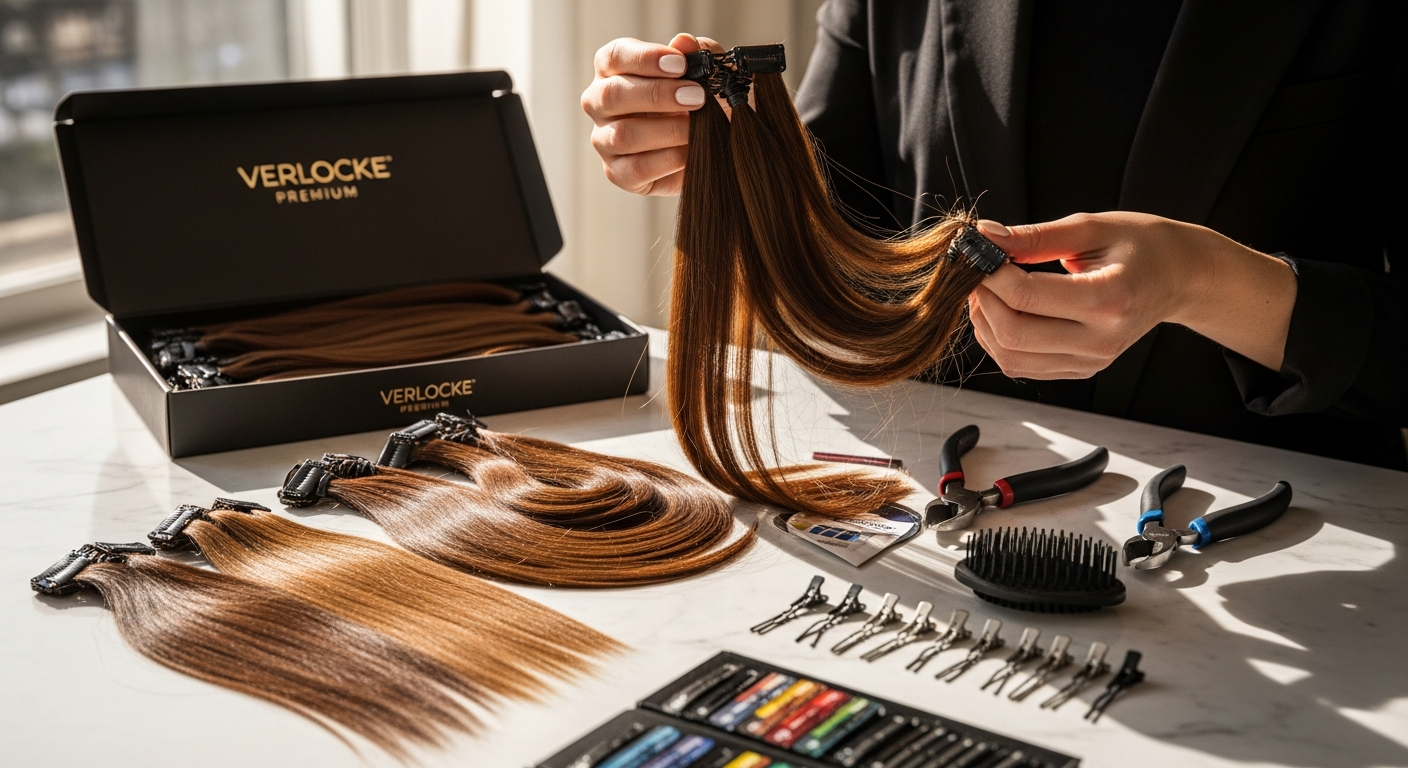 Professional stylist applying Verlocke Premium Clip-In Human Hair Extensions to client for flawless transformation