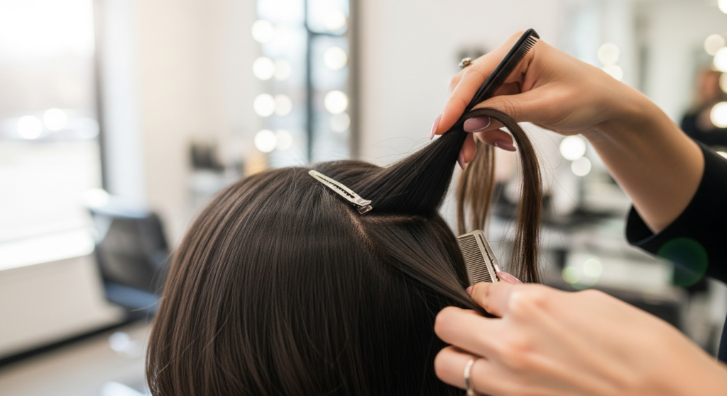 Professional stylist applying Verlocke Premium Remy Human Hair Extensions to client hair in salon setting