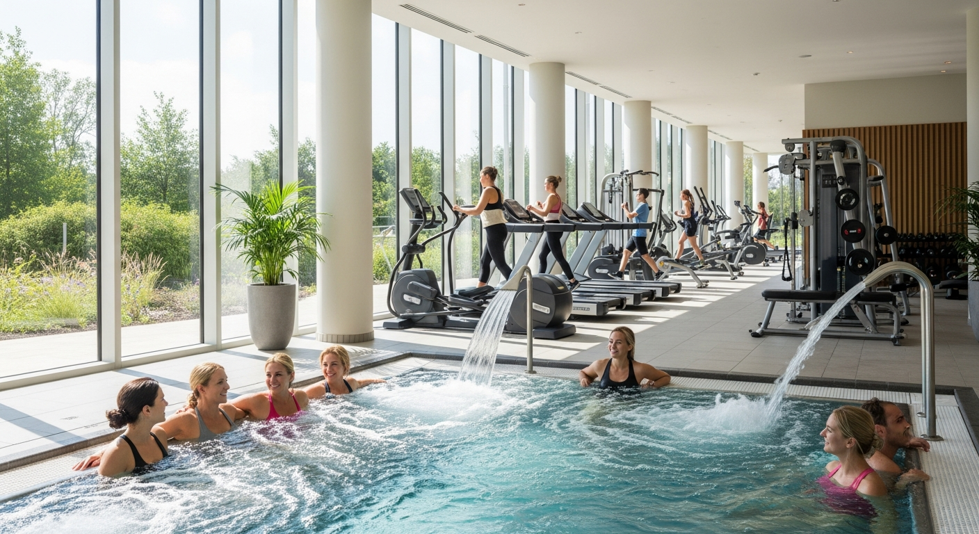 Village Hotels UK modern guest room with gym equipment and heated pool facilities visible