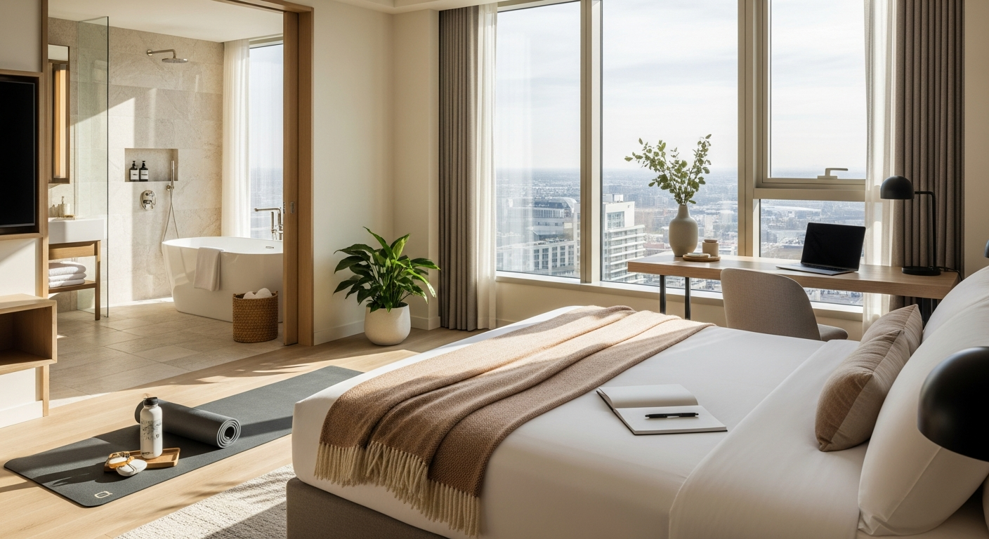 Modern hotel room with fitness center, dining area, and wellness facilities visible in background