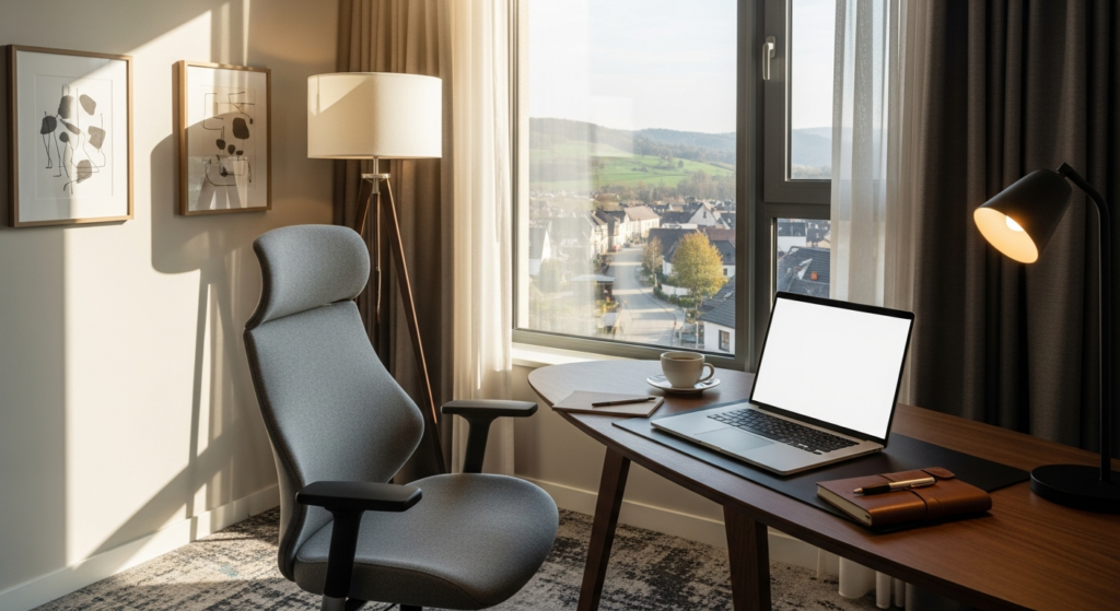 Modern hotel room with workspace desk, comfortable bed, and premium amenities at Village Hotels UK property