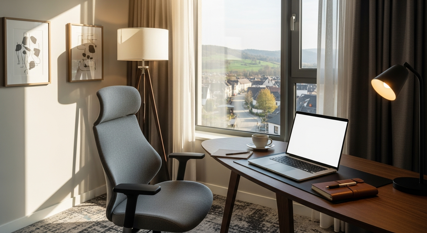 Modern hotel room with workspace desk, comfortable bed, and premium amenities at Village Hotels UK property