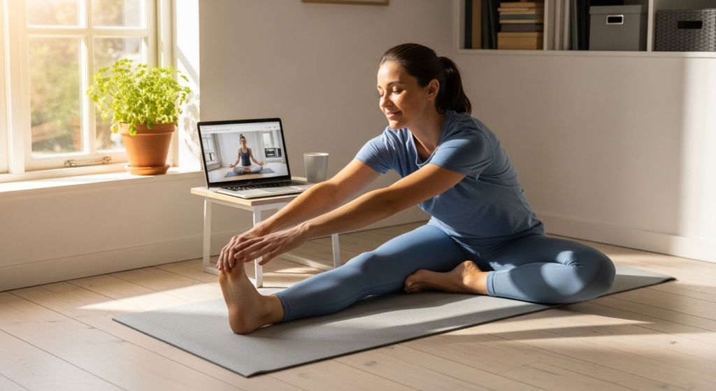 Woman practicing yoga at home on a mat in her living room with natural light