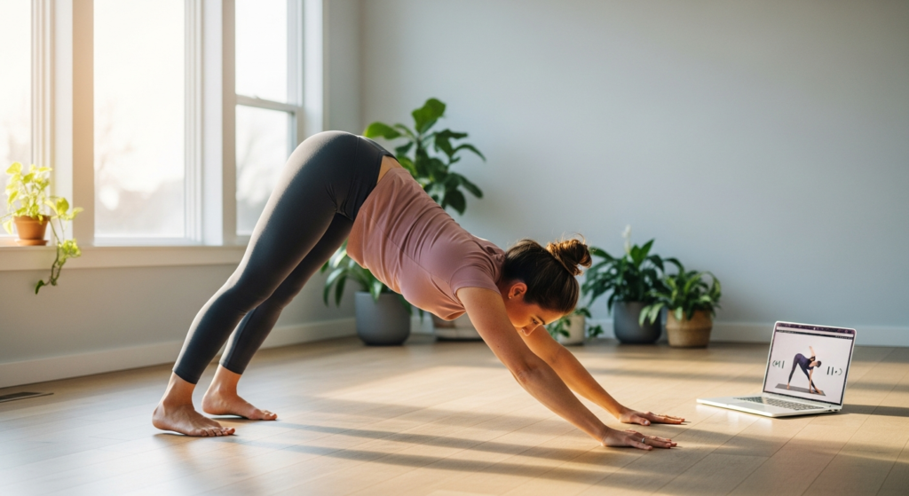 Woman practicing yoga at home on a mat in a bright living room space